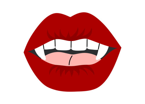 Red vampire lips with white fangs and open mouth on white background. Flat vector illustration