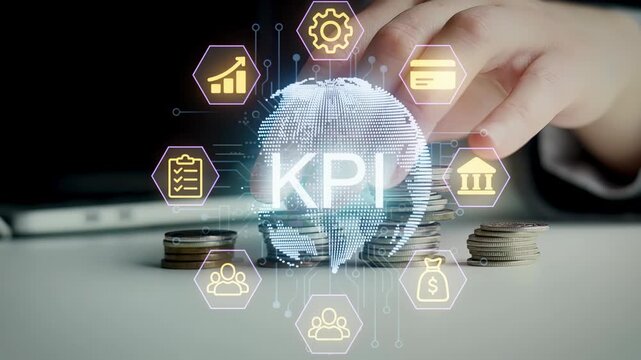 A hand reaches toward a digital globe showing various icons related to key performance indicators. Coins are stacked nearby, indicating financial growth.