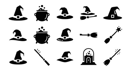 Halloween witch icon set, black silhouette magic elements, 15 vector icons of hats and cauldrons, spooky wizard accessories for graphic design © MST. ASIA KHATUN