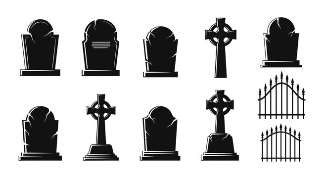 Spooky Halloween gravestone silhouettes, set of 11 cemetery headstones and iron gates, gothic tombstone vector icons for horror design