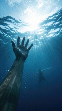 Hand reaching underwater toward sunlight with swimmer in deep blue sea