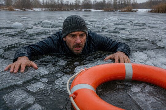 Man trapped in icy water reaching for life ring during winter rescue