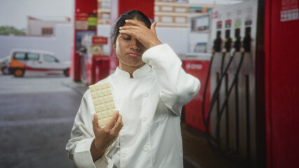 Chef woman in white coat holds white chocolate bar, hand to forehead gesture in front of fuel pumps at street  frustration. © Krakenimages.com