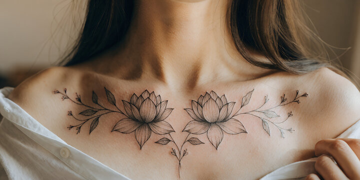 Close Up Of A Fine Line Floral Tattoo On A Woman's Chest And Collarbone, Delicate Black Ink Lotus Flower Body Art Design Reference For Tattoo Artists Wearing A Loose White Shirt
