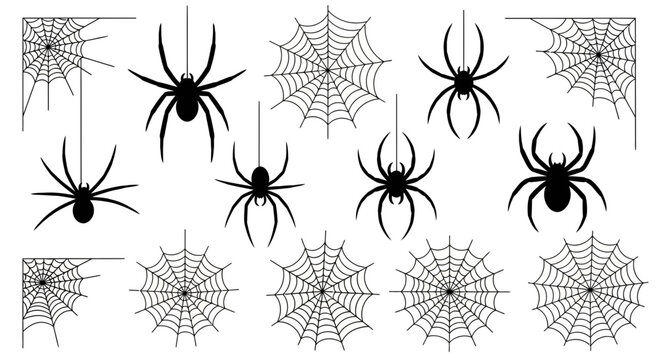 Halloween spider and spiderweb vector set, black arachnid silhouettes and cobweb corner elements, spooky insect icons for party decor