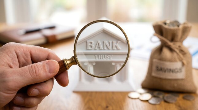 Hand Examining Bank Trust Through Magnifying Glass