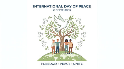 Fototapeta premium International Day of Peace illustration, white dove and olive branch on tree of life, diverse people for global unity and freedom