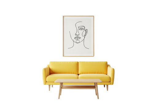 Yellow modern sofa with wooden legs.