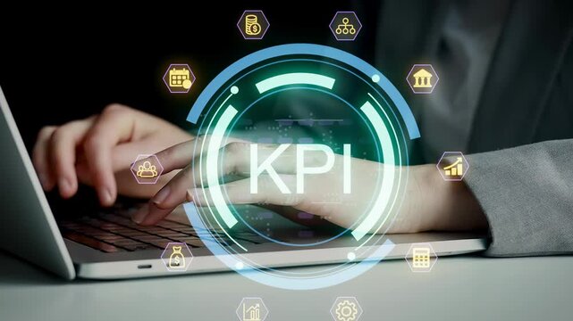 A person types on a laptop while focusing on key performance indicators. The screen displays various icons related to business metrics and analysis.