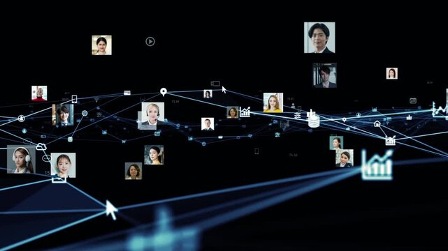 サイバースペースと多国籍の人々。ネットワーク、DX、AI、SNS、社会、セキュリティ、クラウド、通信