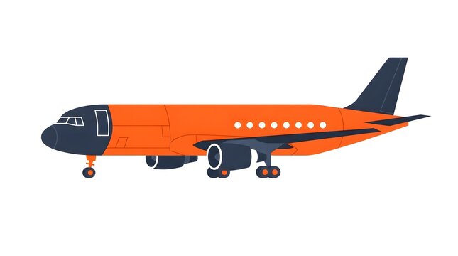 Side view of an orange and dark blue passenger airplane isolated on white background