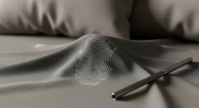 Highly detailed fingerprint impression subtly integrated into soft grey fabric, alongside a minimalist pen, evoking concepts of digital identity, personal privacy, and modern security