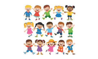 Fototapeta premium Colorful cartoon children character set, diverse kids playing standing isolated vector illustration collection design