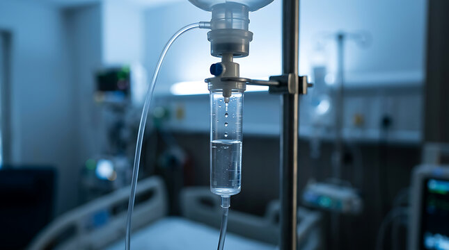 Intravenous drip bag hanging in hospital room 1.