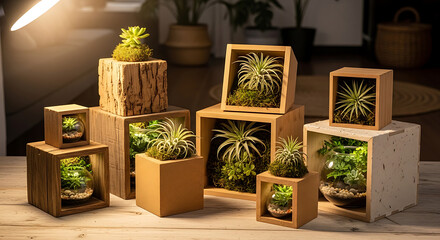 Fototapeta premium Mini christmas trees in rustic boxes display