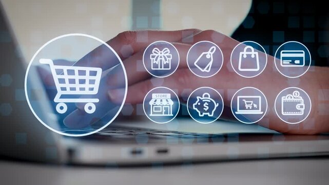 A person is using a laptop to shop online. Different icons representing shopping items and payment methods appear on the screen. This scene is set indoors.