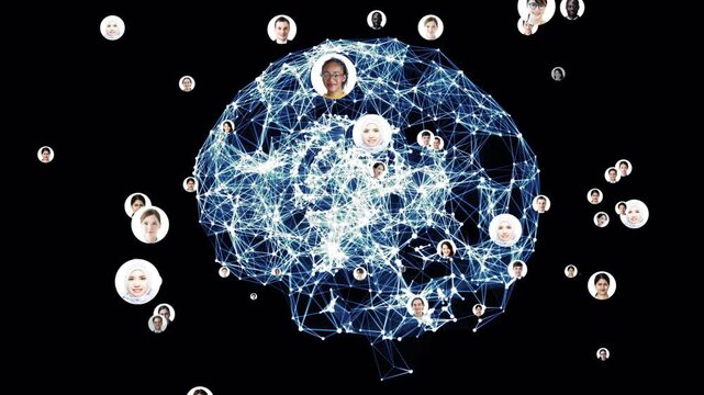 AIネットワークと多国籍の人々。人工知能、頭脳、テクノロジー、科学、セキュリティ、未来、SNS、DX