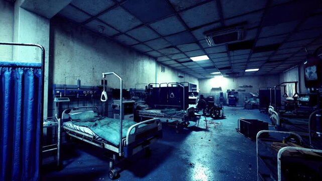 Empty emergency ward chaotic lighting suggesting crisis aftermath and abandonment. Discarded supplies, overturned wheelchair, vacant beds under flickering