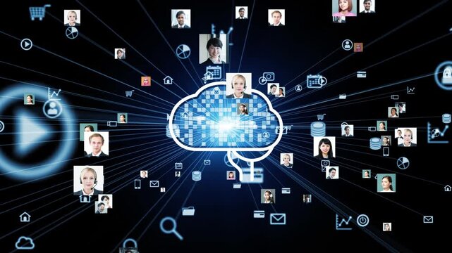 AI networks and a multinational populace. Social media, cloud computing, DX, databases, society, the future, cyberspace, and personal information.