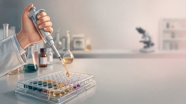 Scientific micropipette dispensing liquid into microplate, laboratory researcher conducting medical test, clinical research lab background