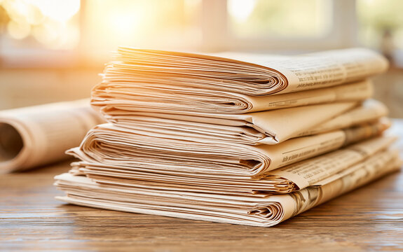 Stack of unfolded newspapers and a rolled up paper on a wooden desk with soft natural light