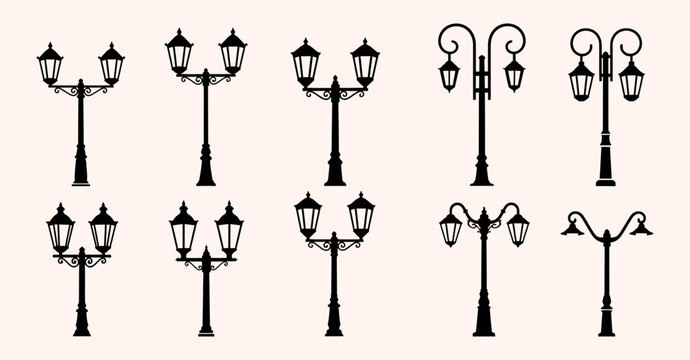 Vintage street lamps set with classic double lantern lampposts