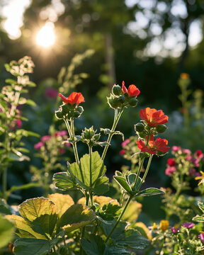 Late summer garden wildflower sunlight bloom, red flower and green leaf in warm evening light with soft bokeh, natural meadow scene for calm botanical background