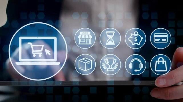 A person is using a tablet to shop online. The screen shows different shopping icons such as a cart, a store, and a payment option. This scene takes place in a modern setting.