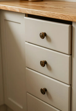 Home interior design and kitchen renovation, modern gray cabinets with wooden countertop and antique brass knobs