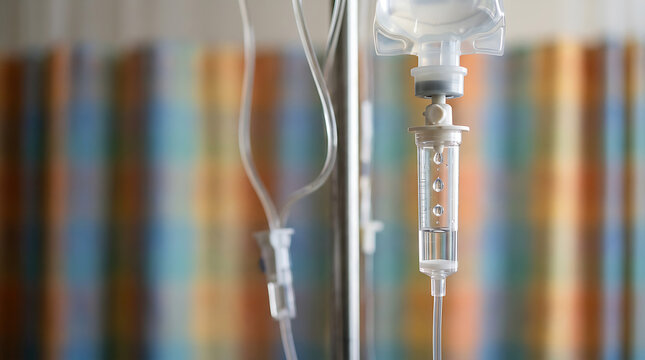 Intravenous drip setup in hospital room.