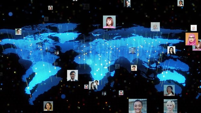 世界地図と多国籍の人々。グローバル、ネットワーク、SNS、DX、観光、人材、未来、国際、テクノロジー