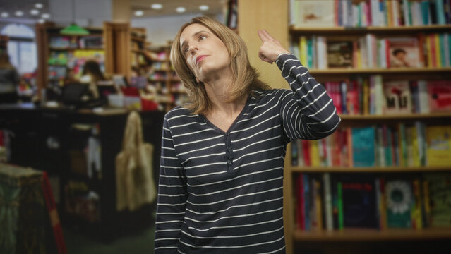 Woman pointing finger to temple beside bookshelves and wearing striped shirt in a bookstore building, showing tired expression; frustration resignation contemplation.