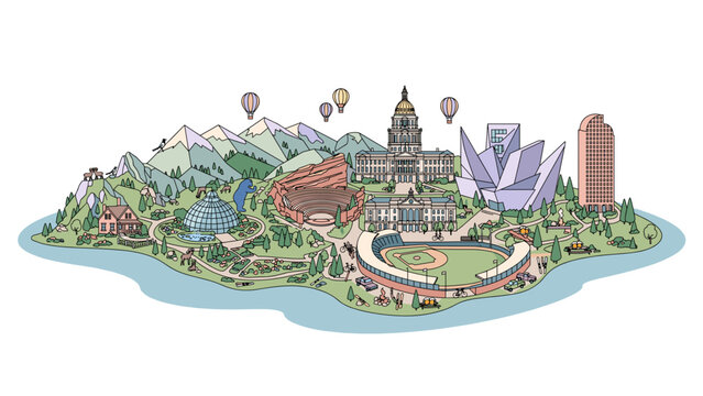 Denver Colorado landmarks and mountain landscape vector illustration