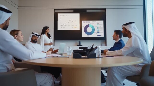 Corporate business event with emirati and western business people professionals participating in a corporate meeting, an executive giving a presentation using a large screen, discussing new strategies