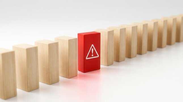 Risk anomaly and error detection concept featuring a single red wooden block with a warning symbol in a row of natural wood blocks.