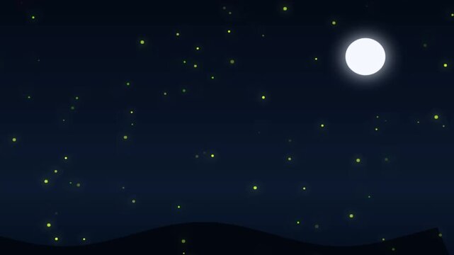 Magical glowing fireflies and glowing full moon shining over dark silhouette hills at night motion graphic loop