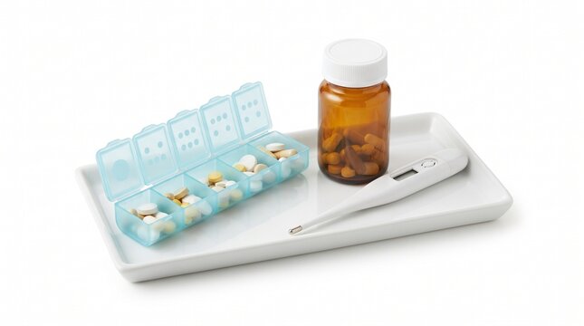 Daily pill organizer with medicine bottle and digital thermometer on white tray