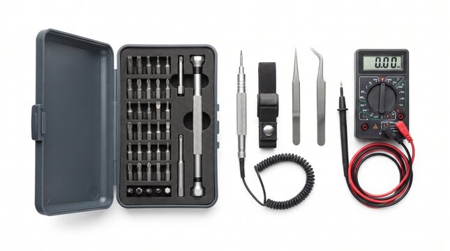 Precision screwdriver set and digital multimeter for electronics repair and maintenance