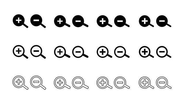 Collection of zoom in and zoom out icons with plus and minus symbols.