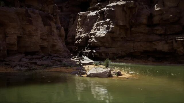Sunlit canyon gorge with rocky islet and shimmering pool, high contrast light carving textured walls, scattered boulders and shadowed niches, scene evokes