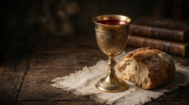 Sacred communion elements featuring red wine in a golden chalice and rustic bread.