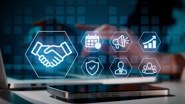 Two laptops and a smartphone are on a desk. Hands gesture towards digital icons for business tools and communication during a meeting.
