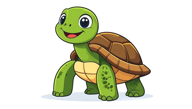 Cartoon green turtle character with brown shell and happy expression.