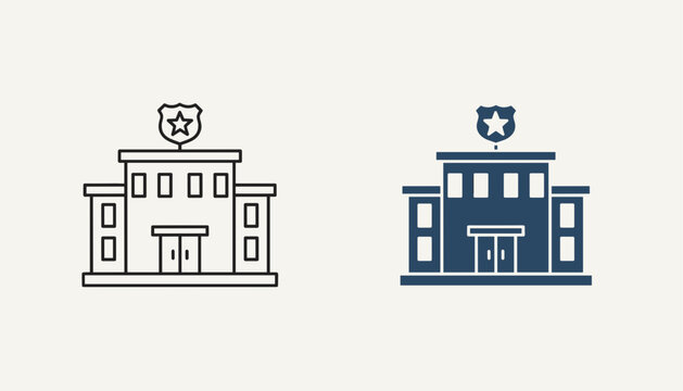 Municipal police station building vector icon in both simple outline style and dark blue flat solid design.