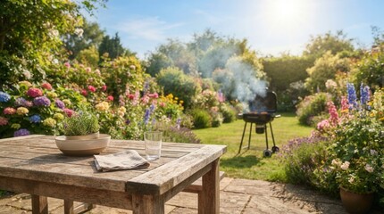 Fototapeta premium Serene garden view featuring colorful flowers, greenery, and Empty wooden table with a blurred summer