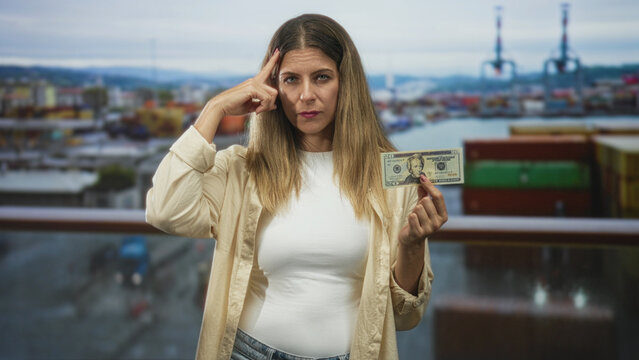 Woman holding banknote and pointing finger at viewer from balcony in building port scene; demanding payment.