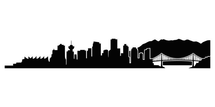 Vancouver city skyline silhouette with mountains and bridge on white background