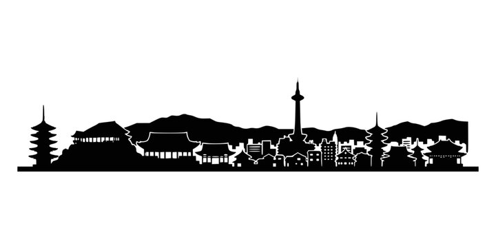 Black silhouette of kyoto city skyline with traditional temples and buildings