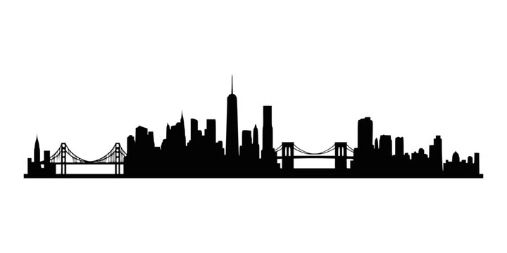 Black silhouette of new york city skyline with bridges on white background