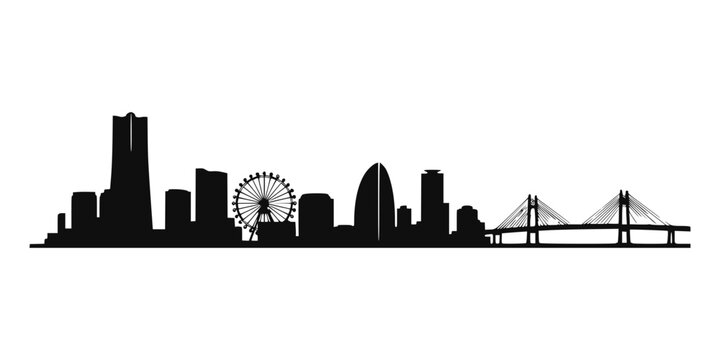 Black silhouette of the yokohama city skyline with bridge and ferris wheel